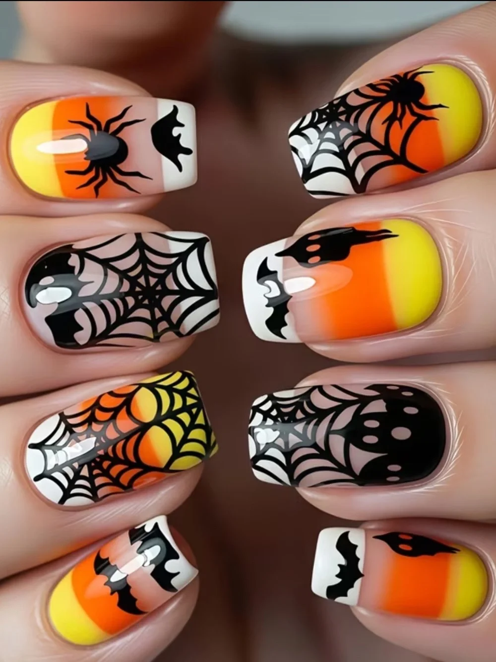 Halloween Gradient Press On Nails with Spiderweb, Bat & Candy Corn Design